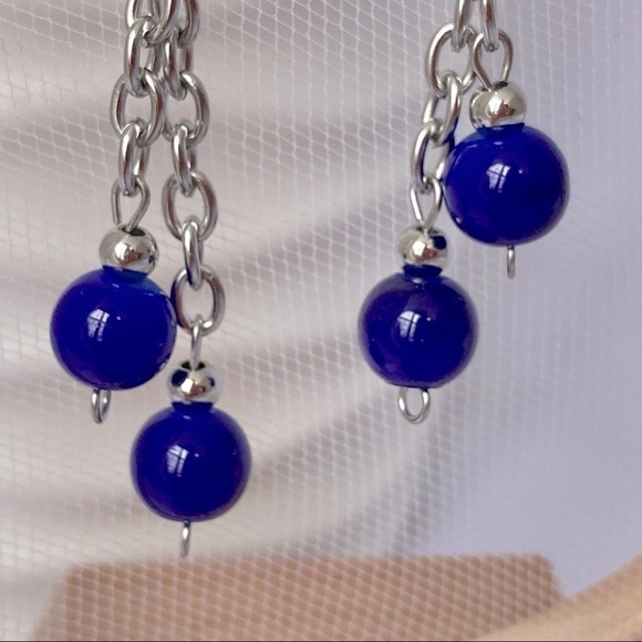 Cobalt Blue Stainless Steel Chain Beaded Earrings - Picture 3 of 9
